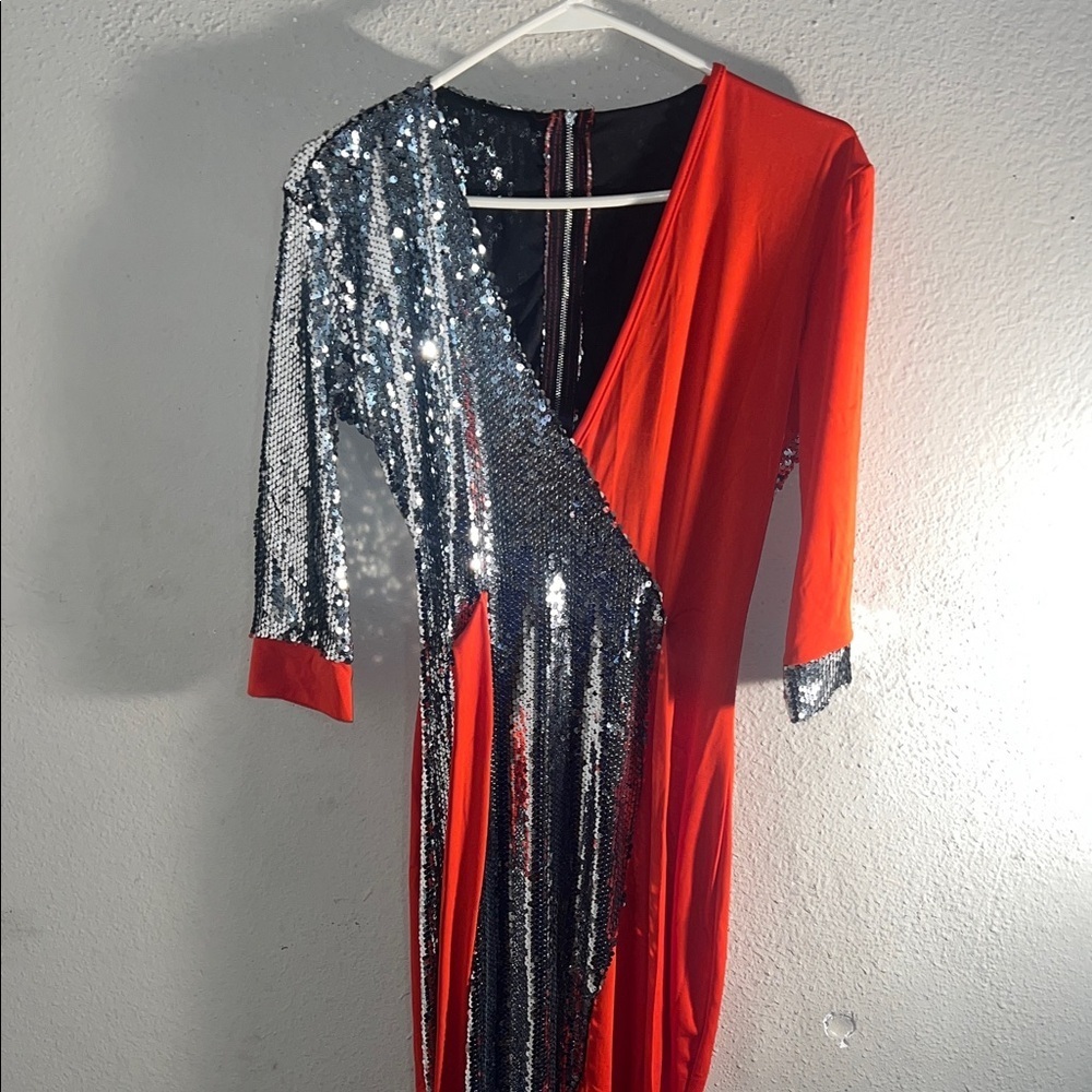 Stunning Asymmetrical Red and Silver Sequin Dress